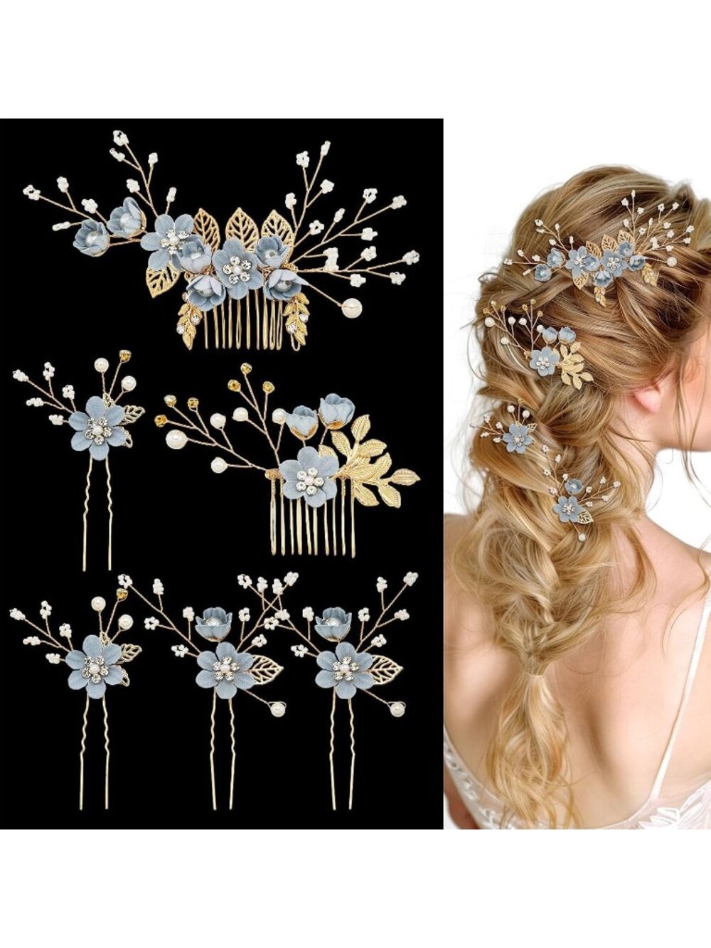 Women's Blue 6 Pcs French Rhinestone Bridesmaids Floral Bridal Hair Clips